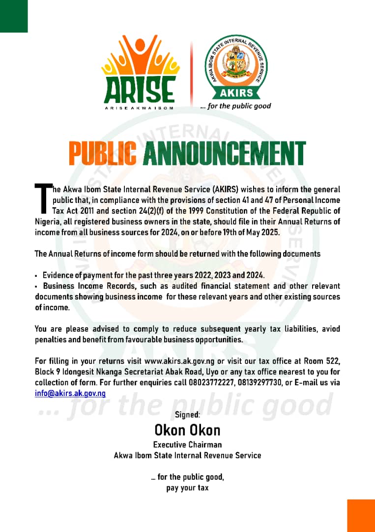 AKIRS To Business Owners: File Your Annual Returns Of Income From All Business Sources